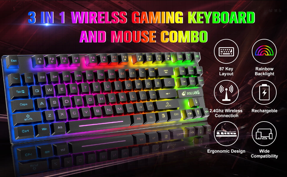 T87 Wireless Keyboard Mouse Set, Rainbow Backlit 2.4G Rechargeable Gaming Keyboard 2400DPI Optical Gaming Mouse with Mouse Pad