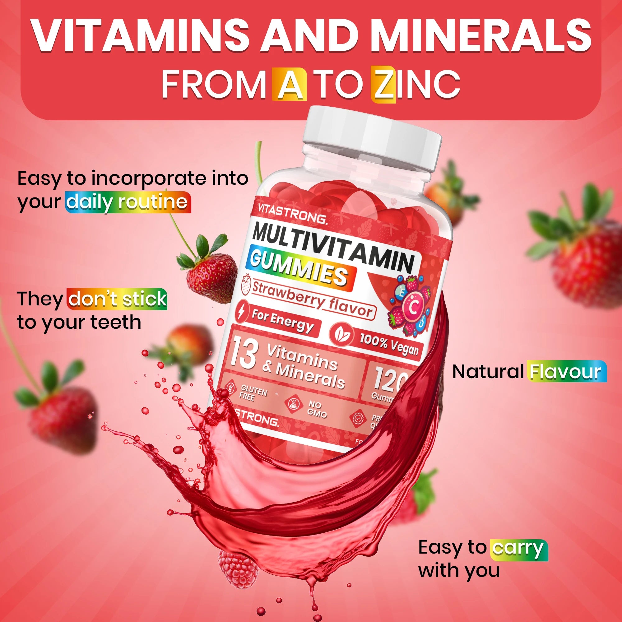 Full Multivitamin 120 Gummy Vitastrong, 13 Vitamins and Minerals, Sucrose-free, Complément Alimentaire Vegan for Adults, Multivitamin with Vitamins, Zinc, Iodine, Folate-For Men and Women