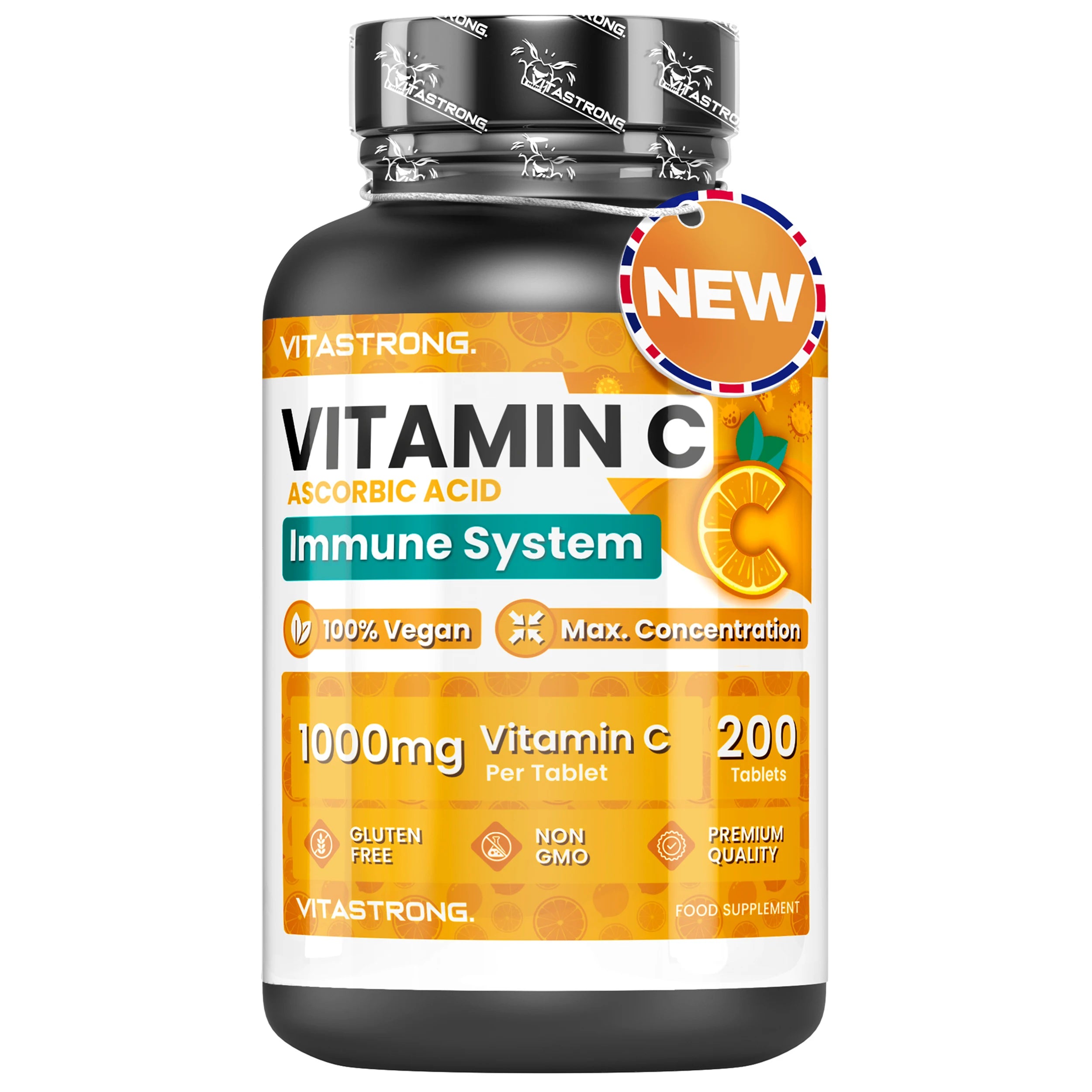Vitastrong Vitamin C 1000mg High Dose-200 Tablets, 100% Vegan, Slow Release Ascorbic Acid for Immune Support, Skin Health, Fatigue Reduction and Collagen Formation Main image