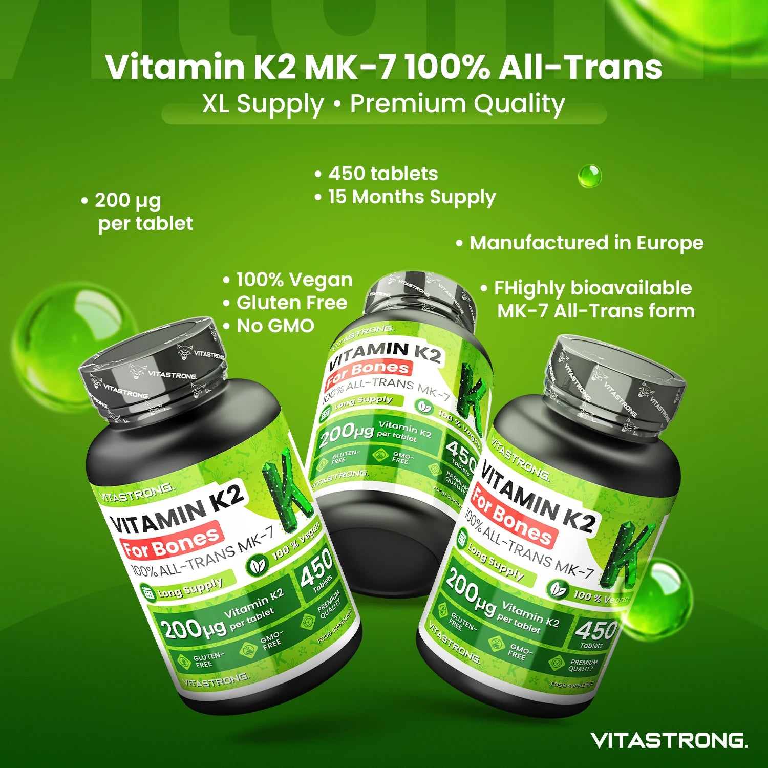 VitaStrong Vitamin K2 200 mcg, High Power, 1 Daily, 450 Tablets, Bone Health, Bone & Muscle support, Food Supplement, Premium Quality, 100% Vegan and Clean Formula Secondary image