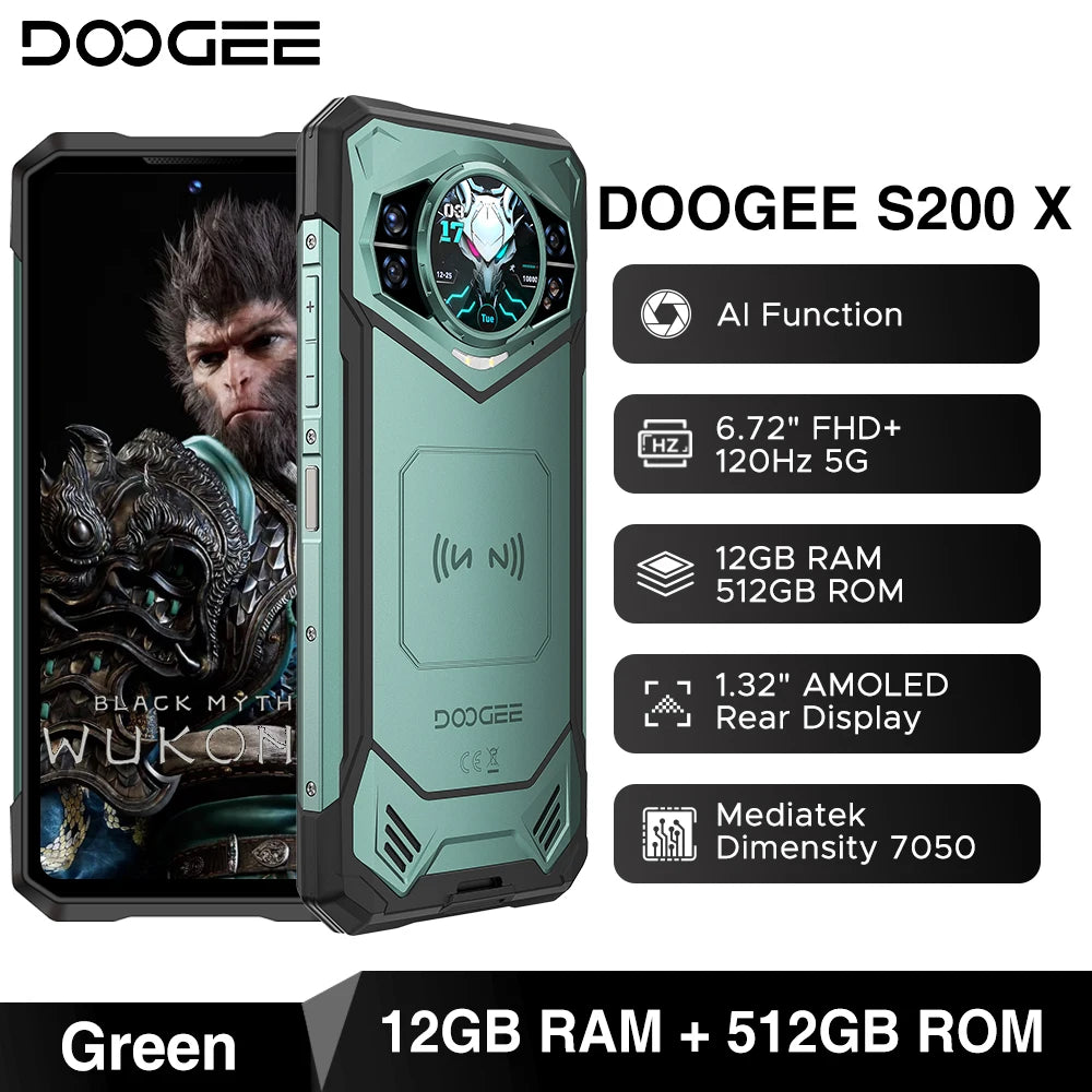 Globe Version DOOGEE S200 X 5G Rugged Phone 6.72" Dimensity 7050 1.32" AMOLED Rear Display 12GB 512GB 10100mAh Battery Phone