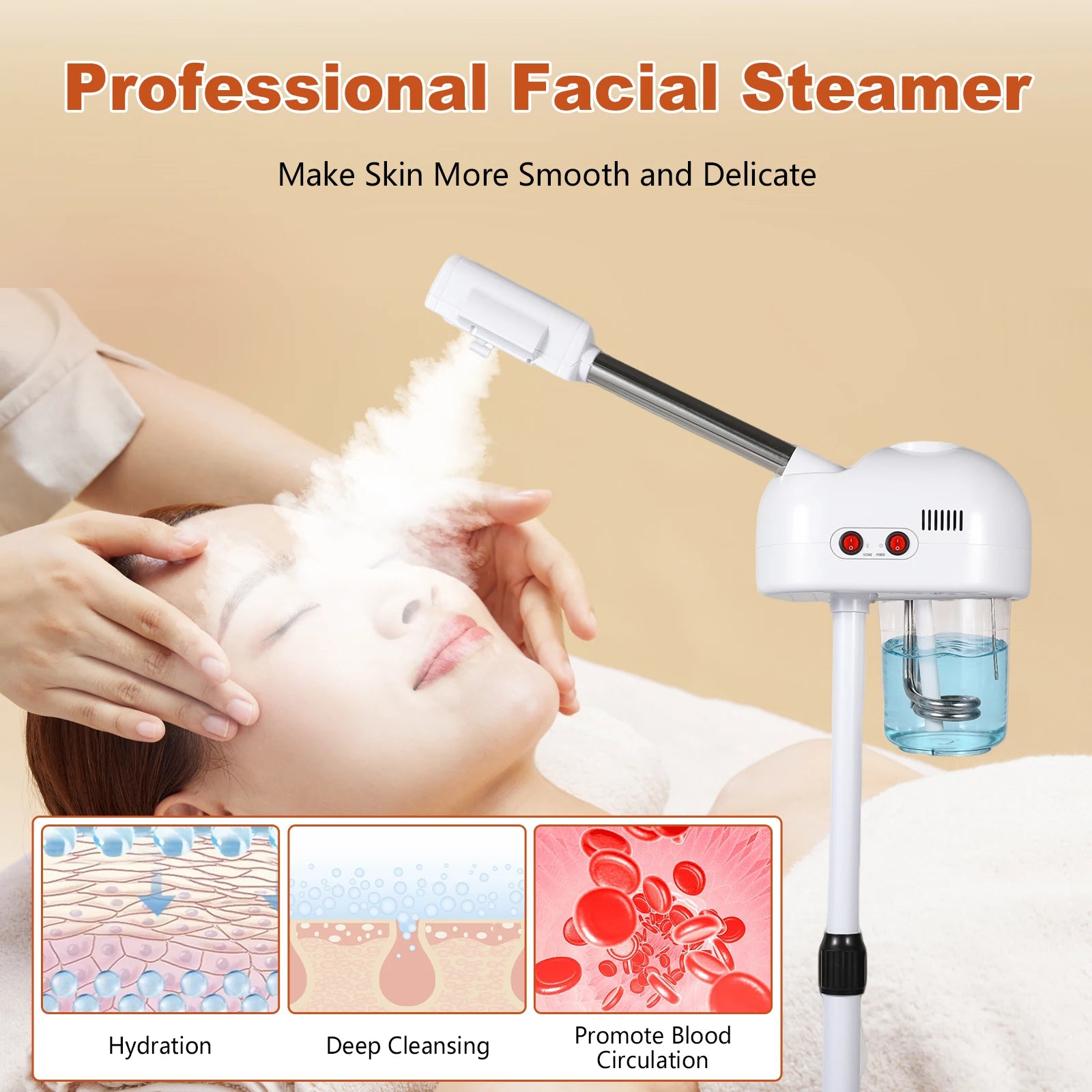700ml 800W  2-in-1 Ozone Facial Steamer Facial hydrating Device Dense Mist Quick Misting High Capacity Rotatable Nozzle for Salon Beauty Spa