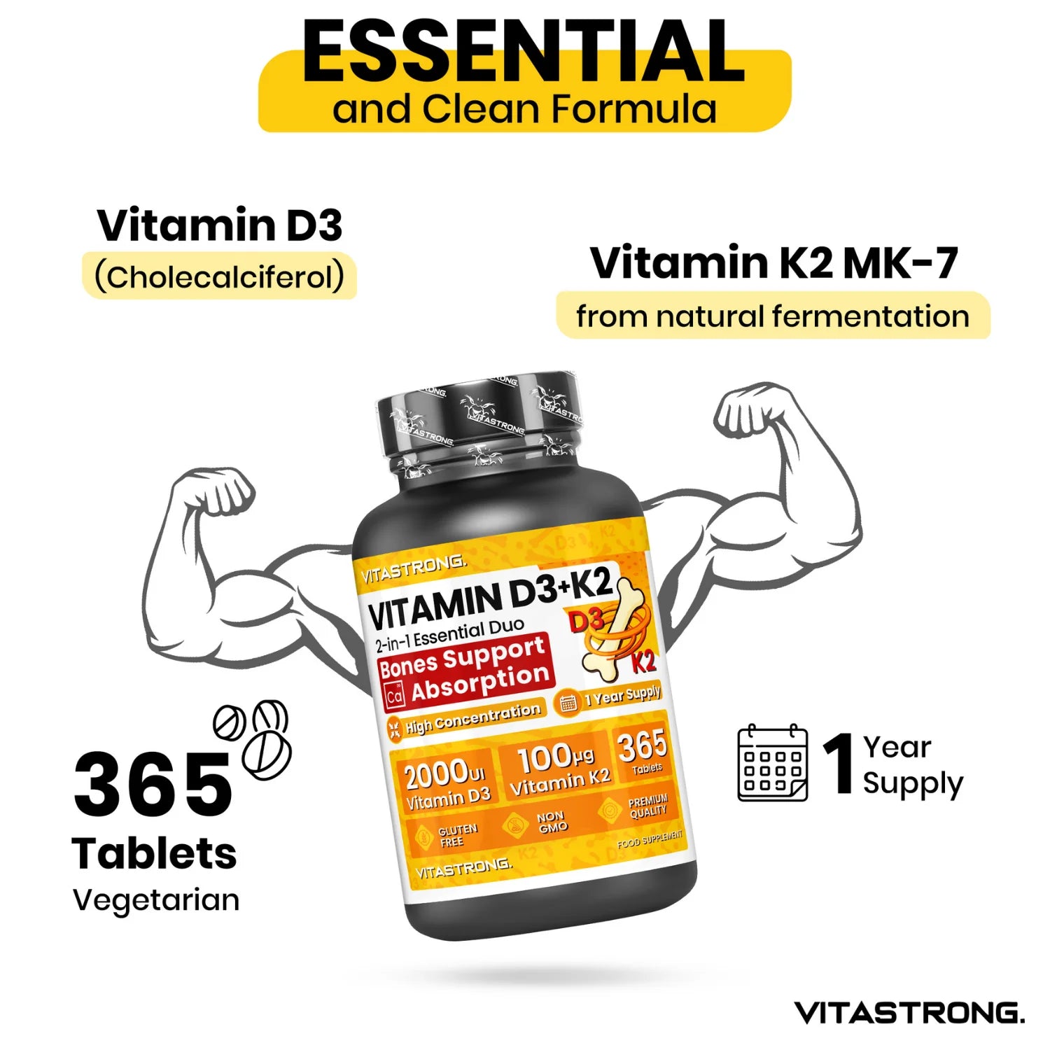 Vitastrong D3 + K2 Vitamin 365 days Tablets 2000 IU, 100 mcg, MK-7 for the support of the immune system, joints, muscles and bones