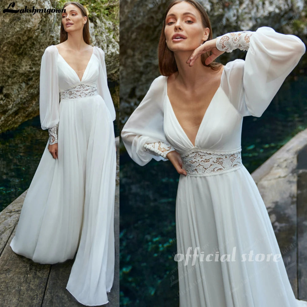 Lakshmigown A-Line Plunging V-neck Lace Appliques Long Sleeves Wedding Dress 2026 Floor-length Backless Bridal Gown Customized Main image