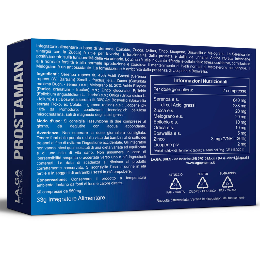 SERENOA REPENS, Prostate Supplement 60 Tablets with: Saw Palmetto, Boswellia, Pumpkin and Lycopene. Serenoa Repens Prostate 640mg with: Nettle, Pomegranate and Epilobium. Prostate Supplement Powerful Formula | LAGA Pharma. LA