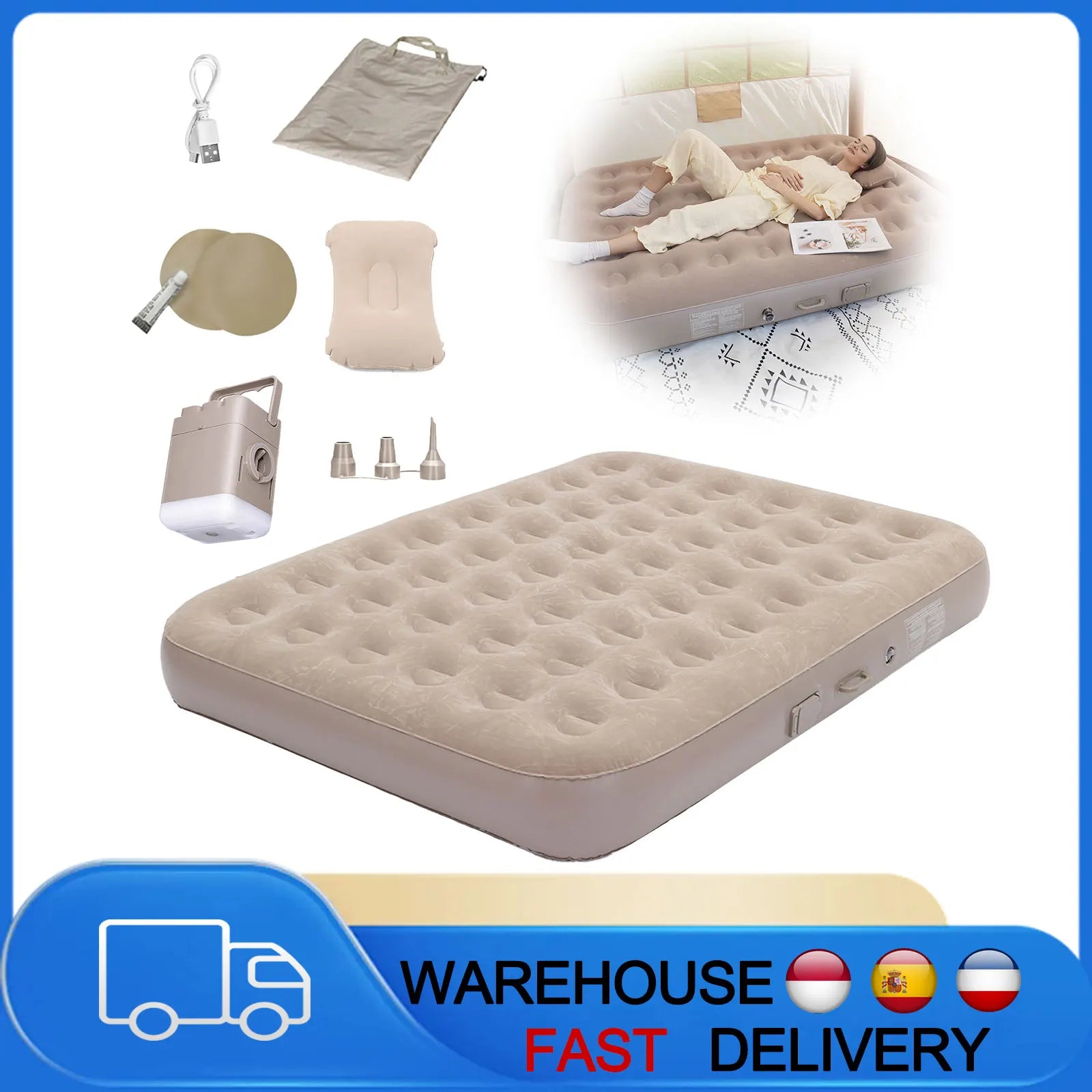 Luxury Double Camping Air Mattress with Integrated Air Pump & LED Light 5 Min Fast Inflate Waterproof Sleeping Pad Main image