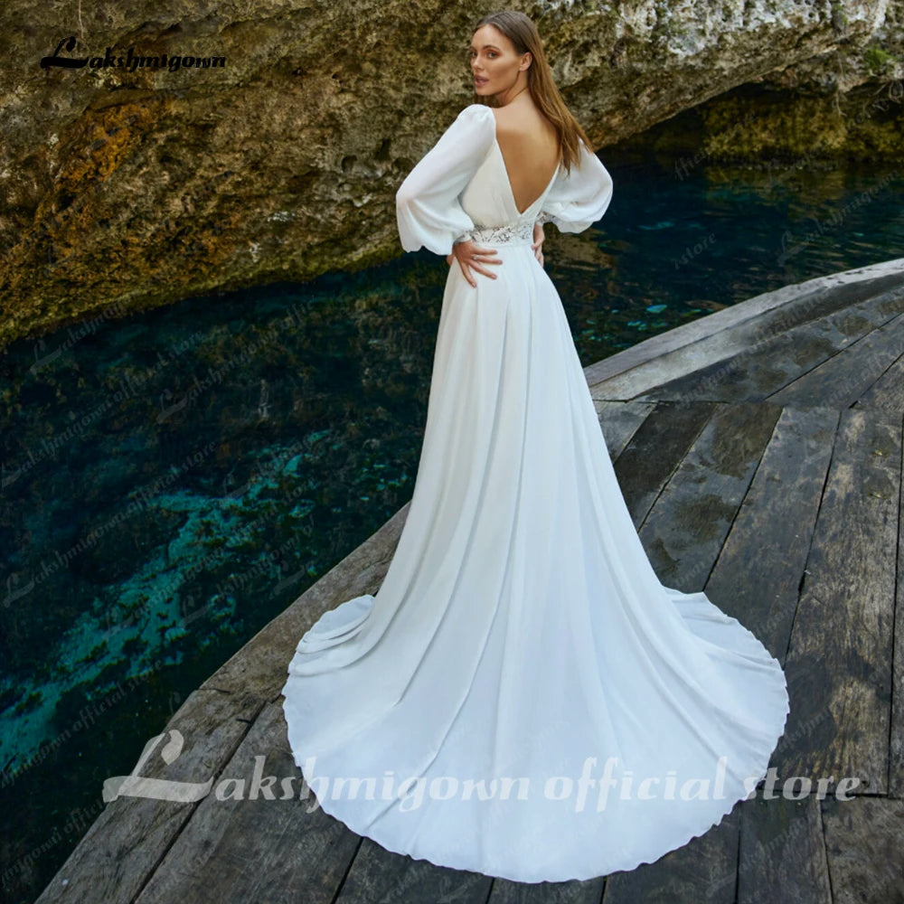 Lakshmigown A-Line Plunging V-neck Lace Appliques Long Sleeves Wedding Dress 2026 Floor-length Backless Bridal Gown Customized