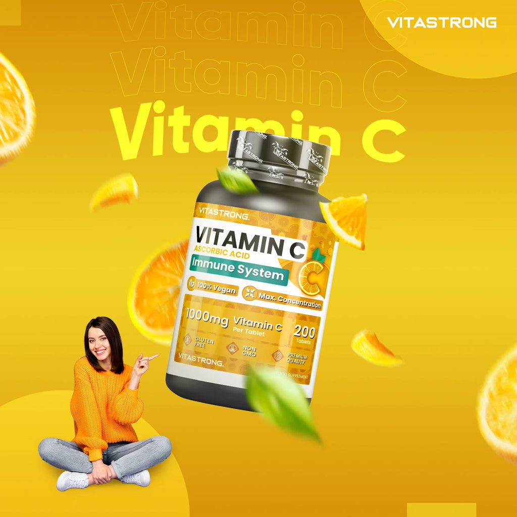 Vitastrong Vitamin C 1000mg High Dose-200 Tablets, 100% Vegan, Slow Release Ascorbic Acid for Immune Support, Skin Health, Fatigue Reduction and Collagen Formation
