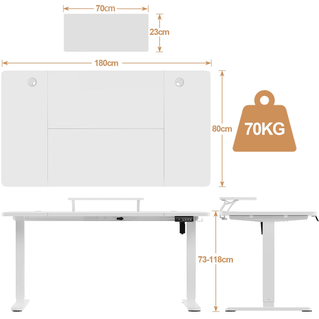 Devoko Height Adjustable desk Electric 180 × 80cm with Monitor Stand Ergonomic Seat Standing Desk (White)