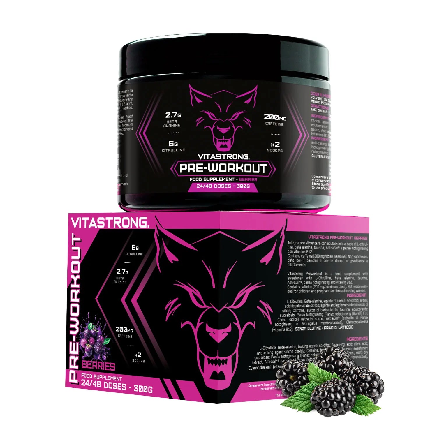 Pre-Workout Powerful 300g - Vegan Supplement with L-Citrulline, Beta-Alanine, Caffeine, Taurine, AstraGin, Panax Notoginseng, Vitastrong (24 Portions, Berries Flavor) - Made in Italy, Preworkout Supplement Powder Main image