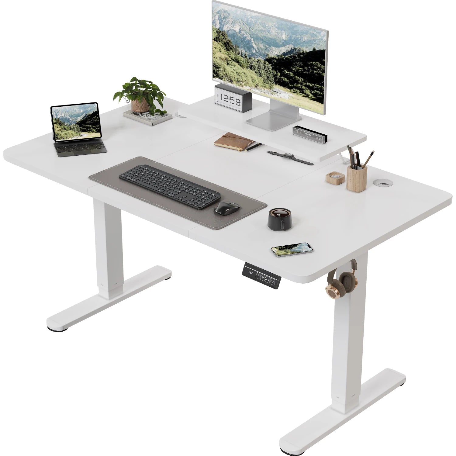 Devoko Height Adjustable desk Electric 120 × 60cm with Monitor Stand Ergonomic Seat Standing Desk (White)