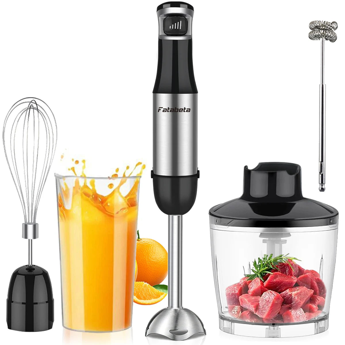 6 in 1 Handheld hand Immersion Blender - Stainless Steel Stick Blender with 5 Speed, Chopper, Whisk And Milk Frother