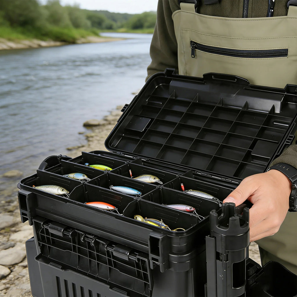 Double Layer Fishing Tackle Box Portable Waterproof Fishing Gear Storage Case with Adjustable Dividers, Rod Holders & Cup Holder