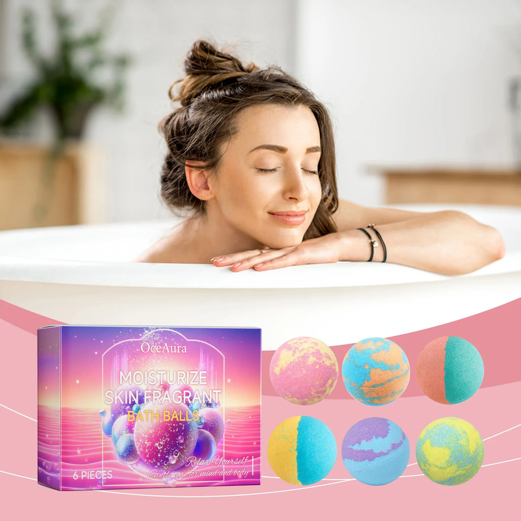 OceAura 6pcs Bubble Bath Bomb Ball Exfoliating Body Nourish Skin Relieve Fatigue Stress Anxiety Clean Pores Body Bath Bomb Set