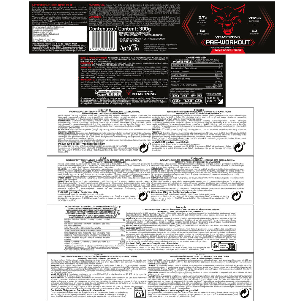 Pre-Workout Powerful 300g - Vegan Supplement with L-Citrulline, Beta-Alanine, Caffeine, Taurine, AstraGin, Panax Notoginseng, Vitastrong (24 Portions, Orange Flavor) - Made in Italy, Preworkout Supplement Powder