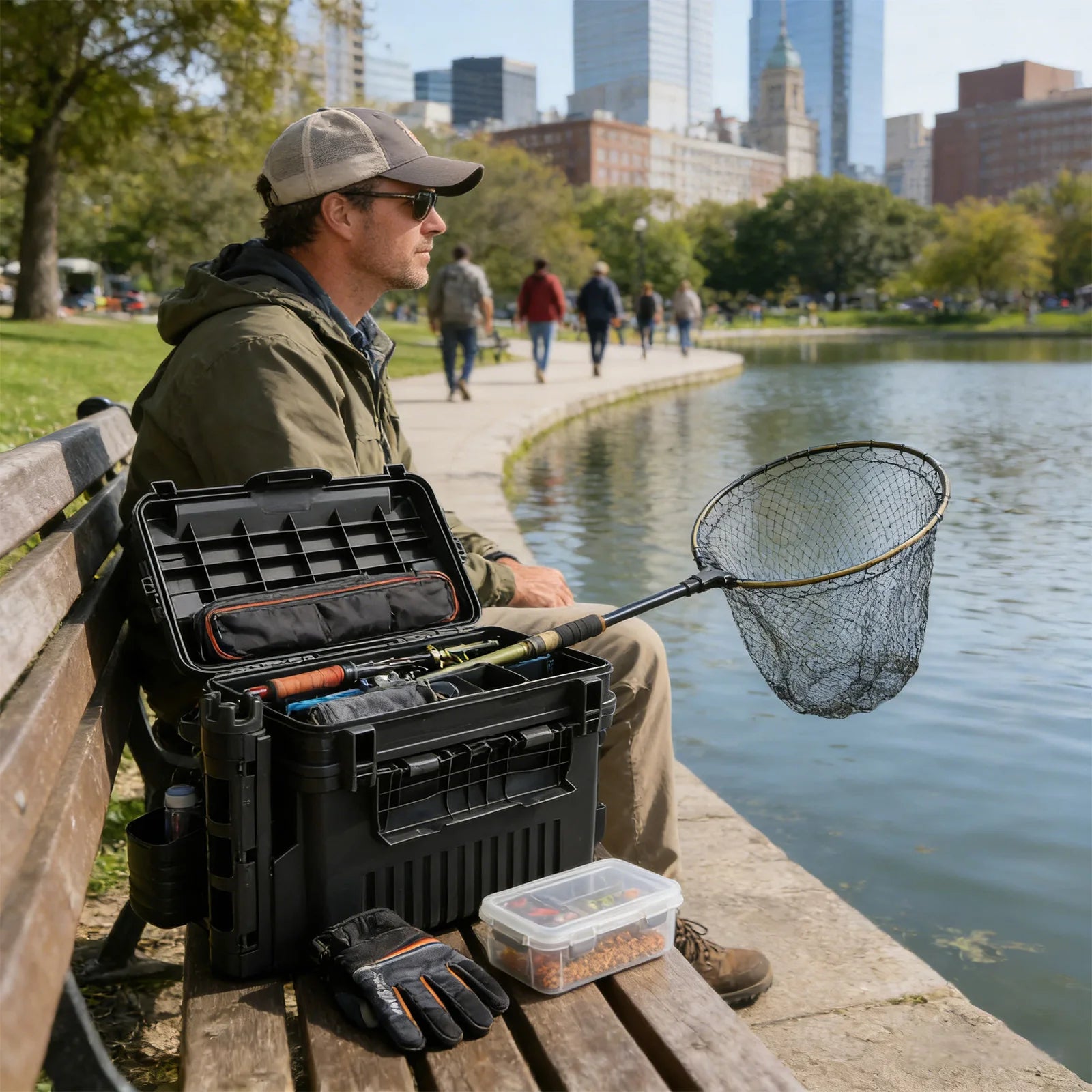 Double Layer Fishing Tackle Box Portable Waterproof Fishing Gear Storage Case with Adjustable Dividers, Rod Holders & Cup Holder