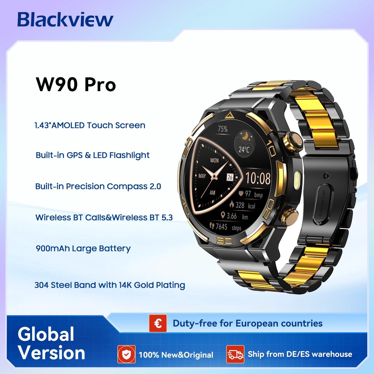 Blackview W90 Pro Smartwatch 1.43" AMOLED Display,Bluetooth Calling,Heart Rate Monitor, 900mAh/ 20Days Standby,Men's Smartwatch Main image