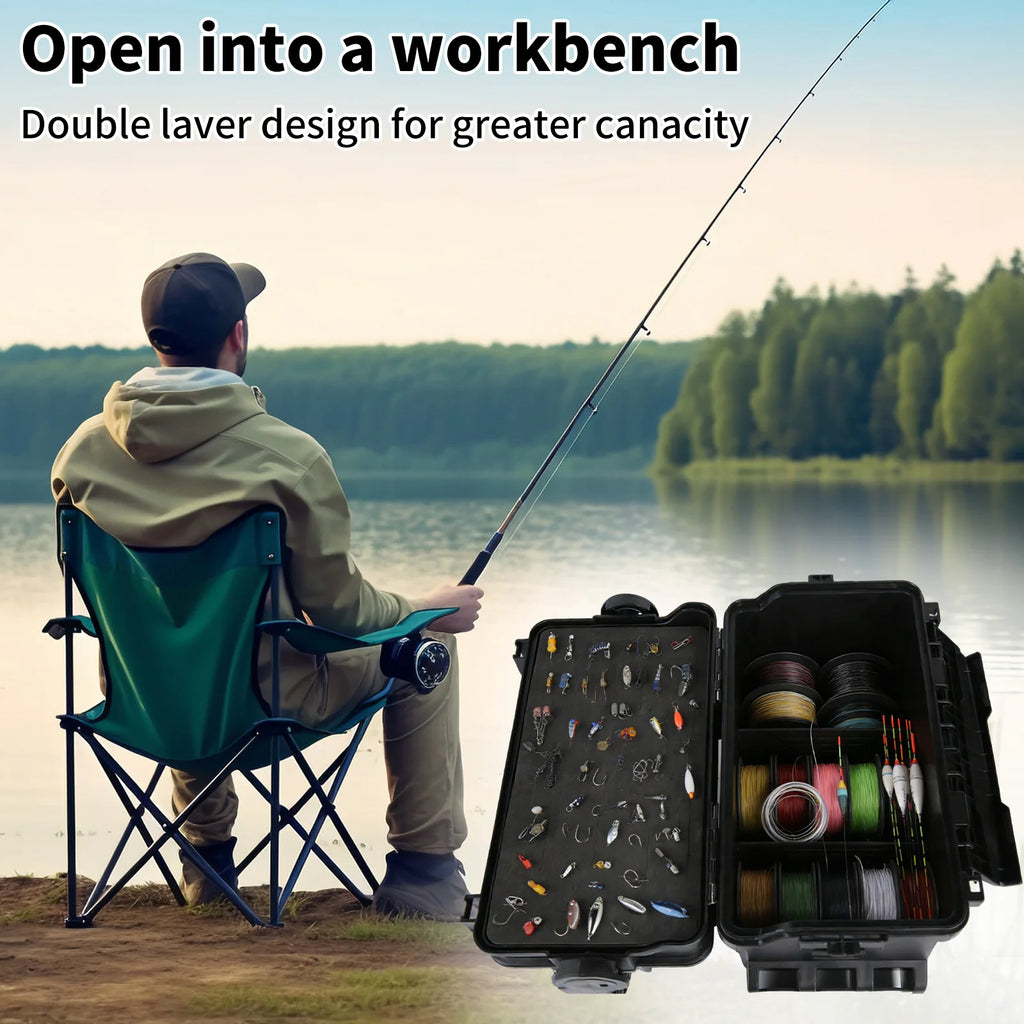 Double Layer Fishing Tackle Box Portable Waterproof Fishing Gear Storage Case with Adjustable Dividers, Rod Holders & Cup Holder