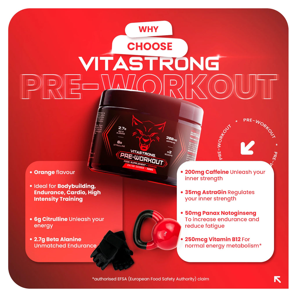 Pre-Workout Powerful 300g - Vegan Supplement with L-Citrulline, Beta-Alanine, Caffeine, Taurine, AstraGin, Panax Notoginseng, Vitastrong (24 Portions, Orange Flavor) - Made in Italy, Preworkout Supplement Powder
