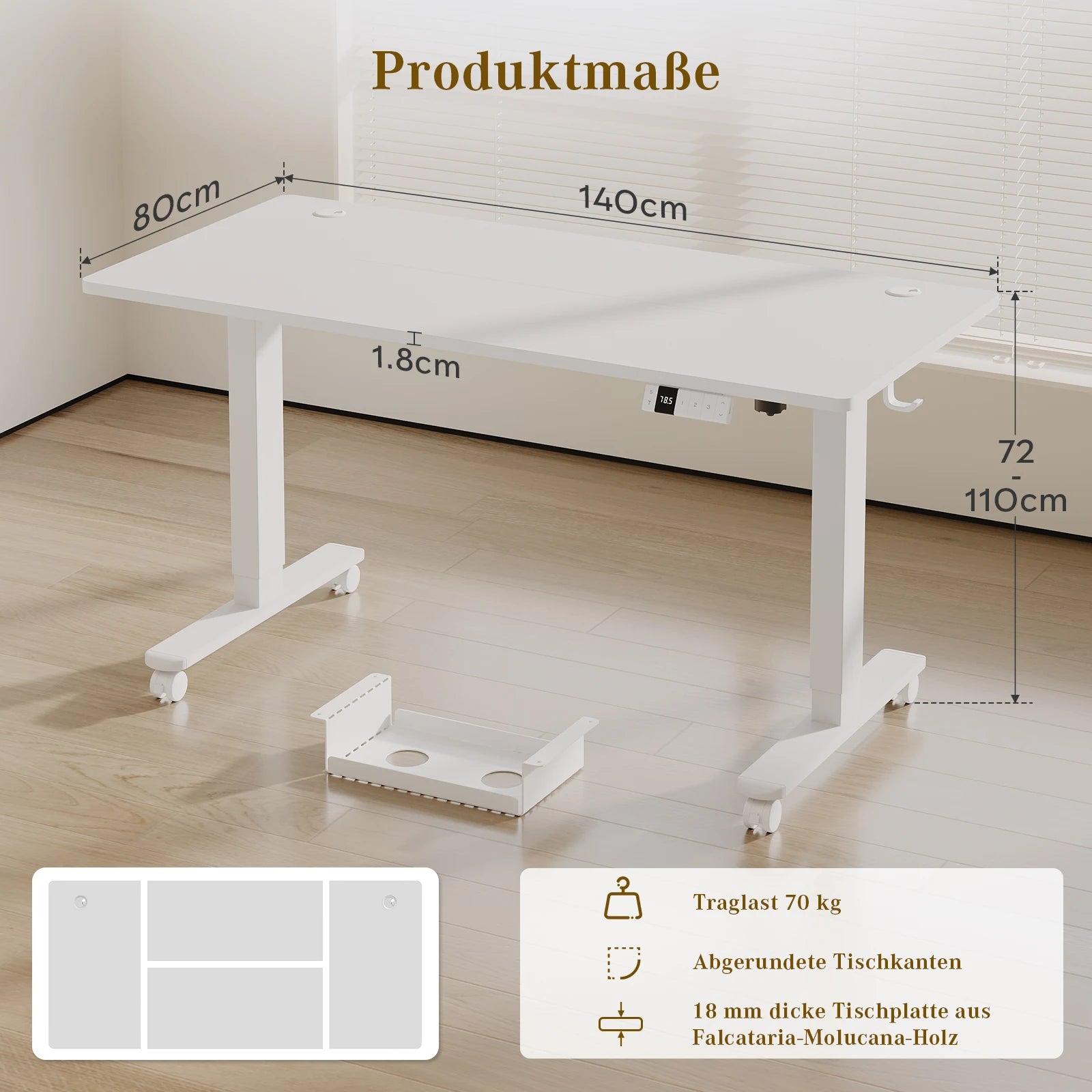 Devoko Electric desk Height Adjustable 140x80 with Roller Type-C Memory Control Anti-Collision