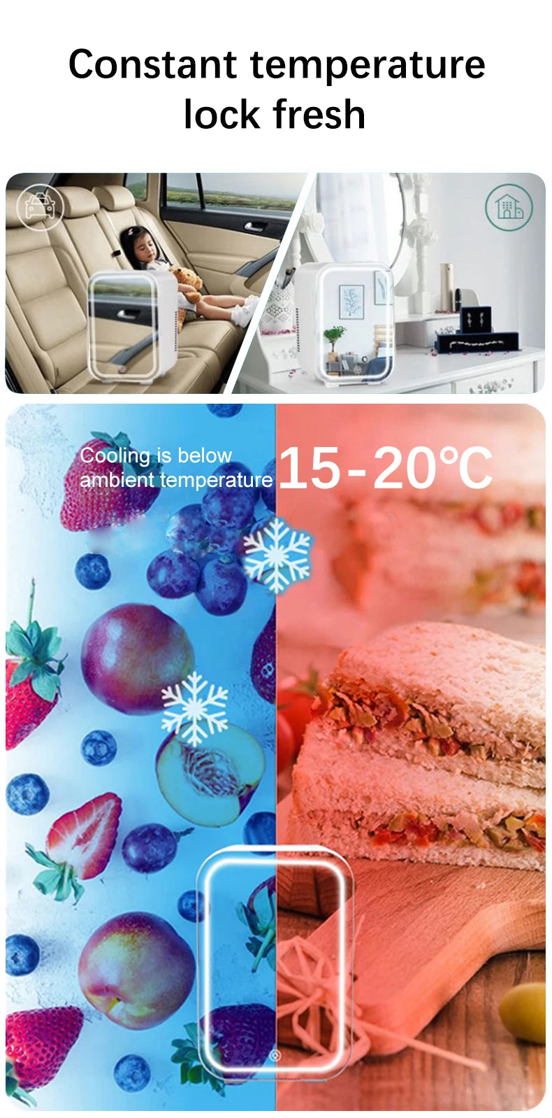 Mini Refrigerator Cosmetics Dormitory Cooler 4L Multifunction Fridge Picnic Camping for Home Car Small Portable Fridge Mirror