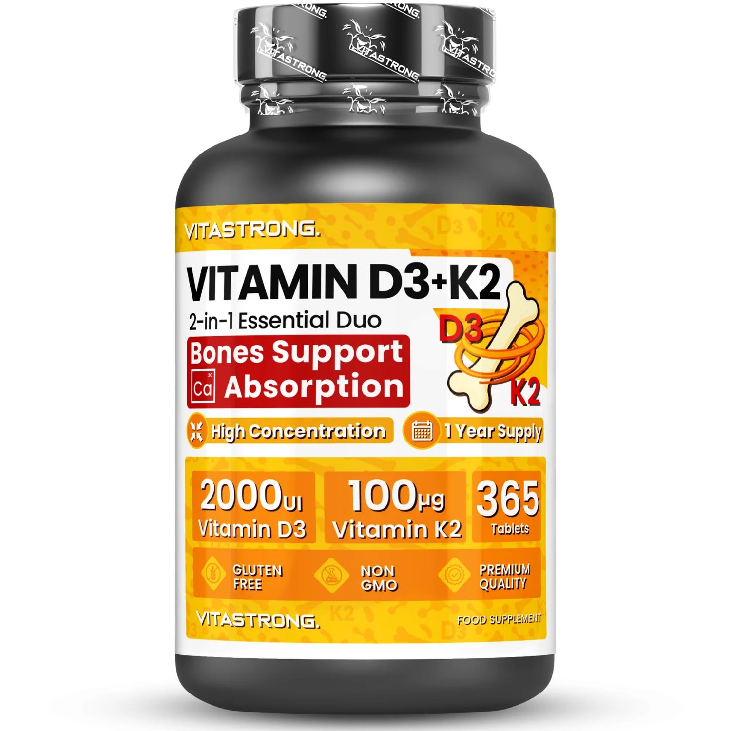 Vitastrong D3 + K2 Vitamin 365 days Tablets 2000 IU, 100 mcg, MK-7 for the support of the immune system, joints, muscles and bones