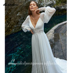 Lakshmigown A-Line Plunging V-neck Lace Appliques Long Sleeves Wedding Dress 2026 Floor-length Backless Bridal Gown Customized