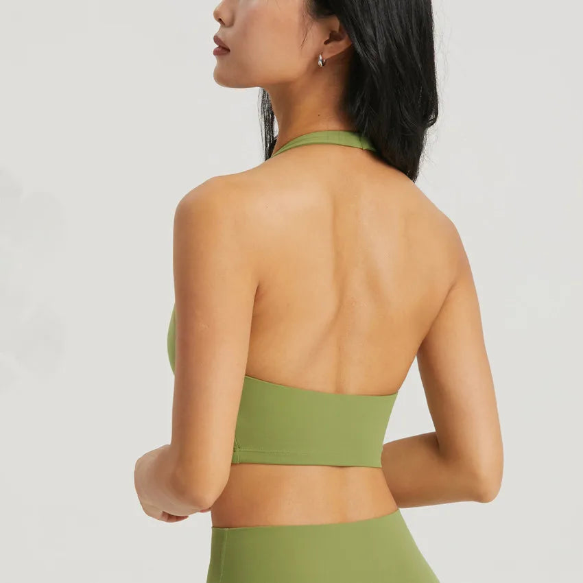 Custom Logo Front/Back Lightweight Backless Fitness Training Halter Bra Workout Yoga Activewear Sports Bra for Women