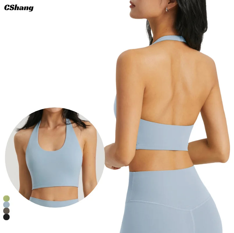 Custom Logo Front/Back Lightweight Backless Fitness Training Halter Bra Workout Yoga Activewear Sports Bra for Women Main image