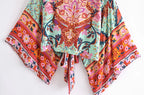 Happie Queens Floral Print Sashes Short  Kimono Women Fashion V Neck Batwing Sleeves Robe Lady Boho Bikini Cover-ups