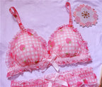 Cute Japanese Bras Briefs Underwear Set Lolita Girl Pink Plaid Flower Mesh Sexy Strawberry Print Bra & Panties Lingerie Set