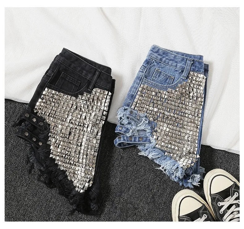 Summer Side Spike Women Denim Shorts 2021 Fashion Loose Holes High Waist Jeans High Street Wide Legs Thin Shorts Women Trousers