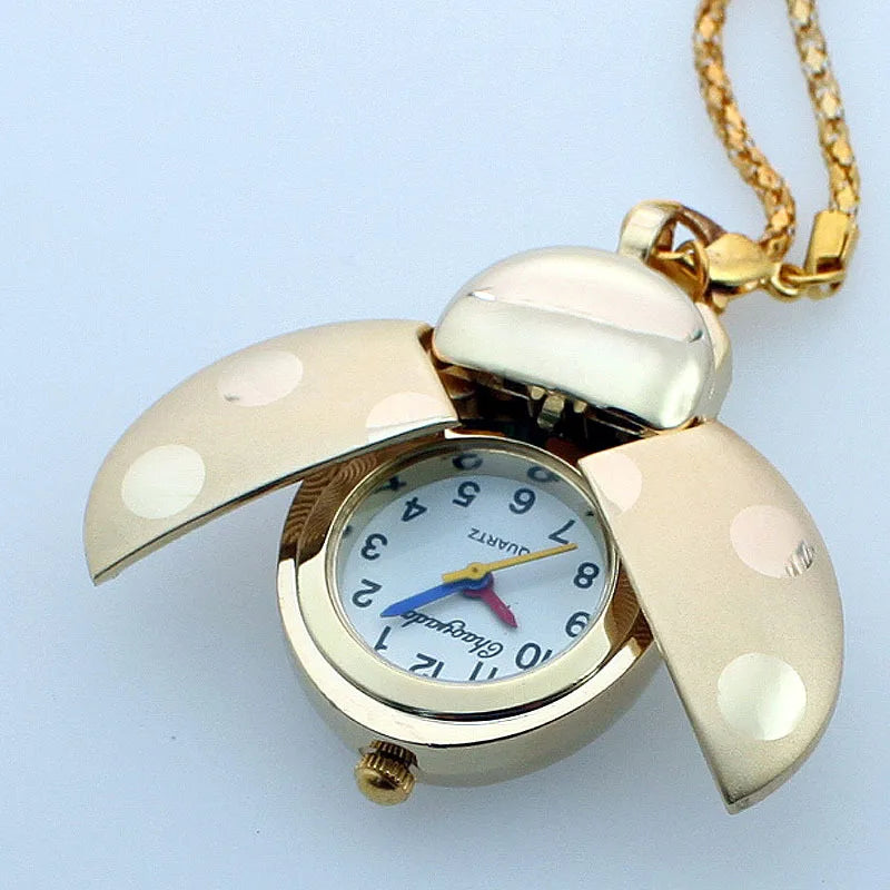 Free Drop Shipping Elegant Hot Popular Fashion Colorful Ladybug Fob Clock Necklace Pocket Pendant Dress Quartz Watch GL02