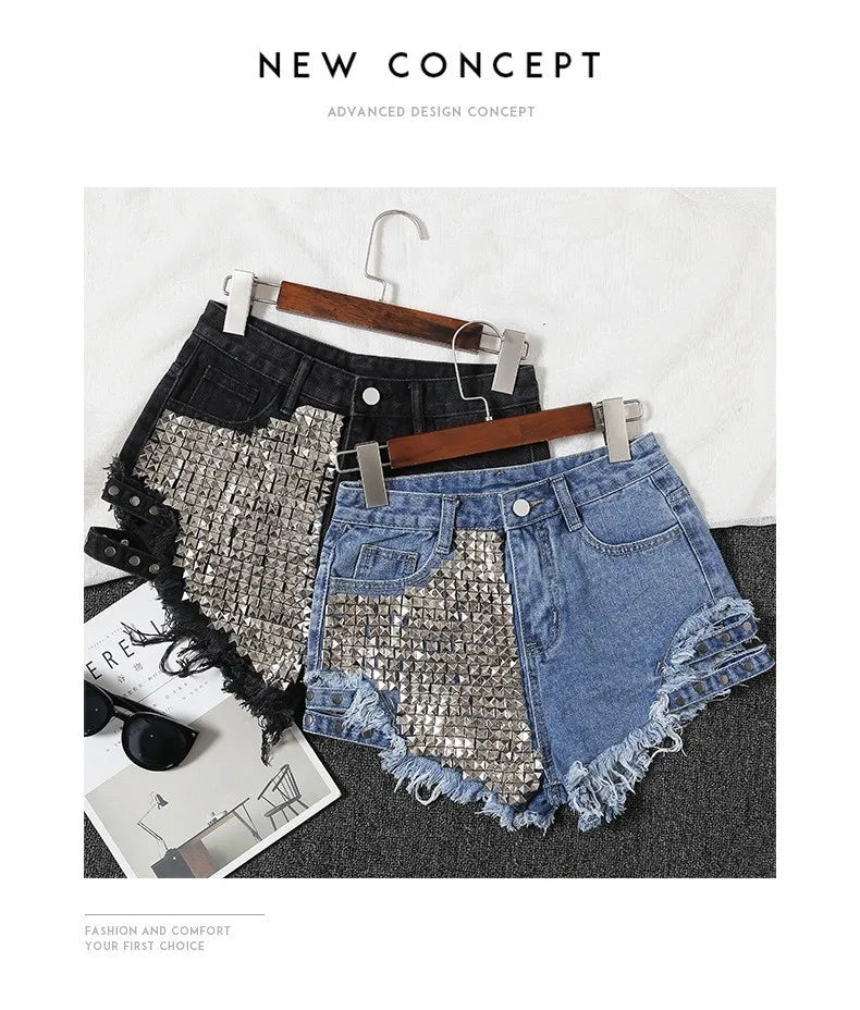 Summer Side Spike Women Denim Shorts 2021 Fashion Loose Holes High Waist Jeans High Street Wide Legs Thin Shorts Women Trousers