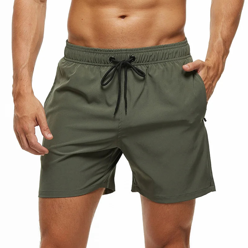 Escatch 2026 Summer Man Swimwear Solid Fashion Quick Dry Drawstring Elastic Waist Surfing Zipper Pocket Gym Beach Pants Shorts