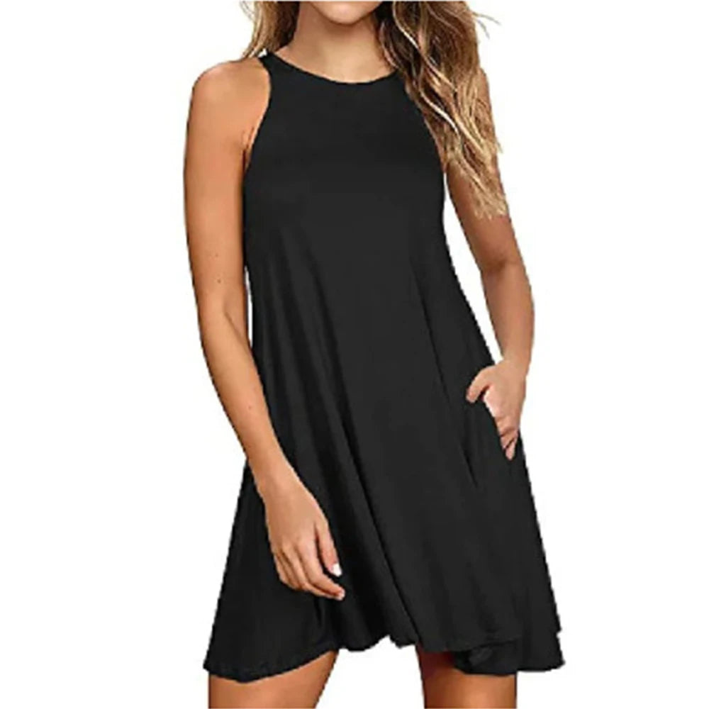 Women's Dress Summer Casual T Shirt Dresses Beach Cover up Plain Pleated Tank Pockets Dress Main image
