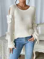 Fashionable bow details hollowed out raglan sleeves knit sweater round neck minimalist sweater