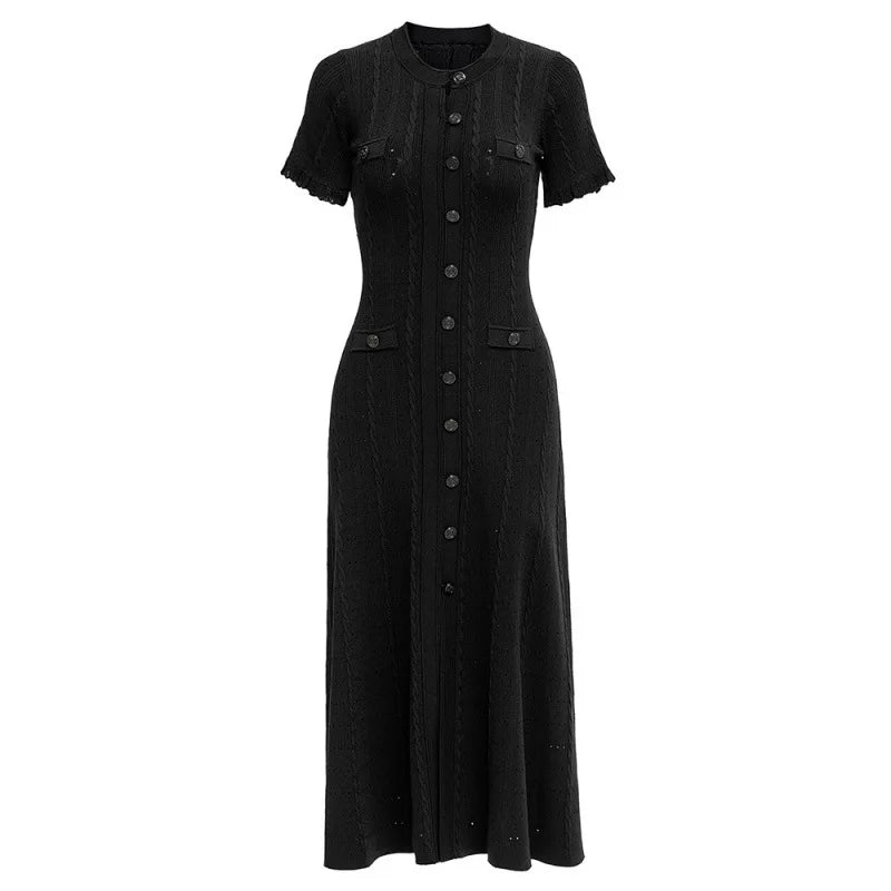 Summer Solid Round Neck Short Sleeved Office Lady Knitted Dress Women Korean Single Breasted Hollow Out Long Dress Fashion Trend