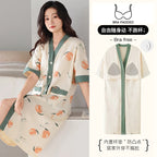 SUKAE Midi Nightdress M-5XL V-neck Bra Padded Botton Sleepshirt Plus Size Cotton Nightgowns Summer Women Short Sleeves Nightgown