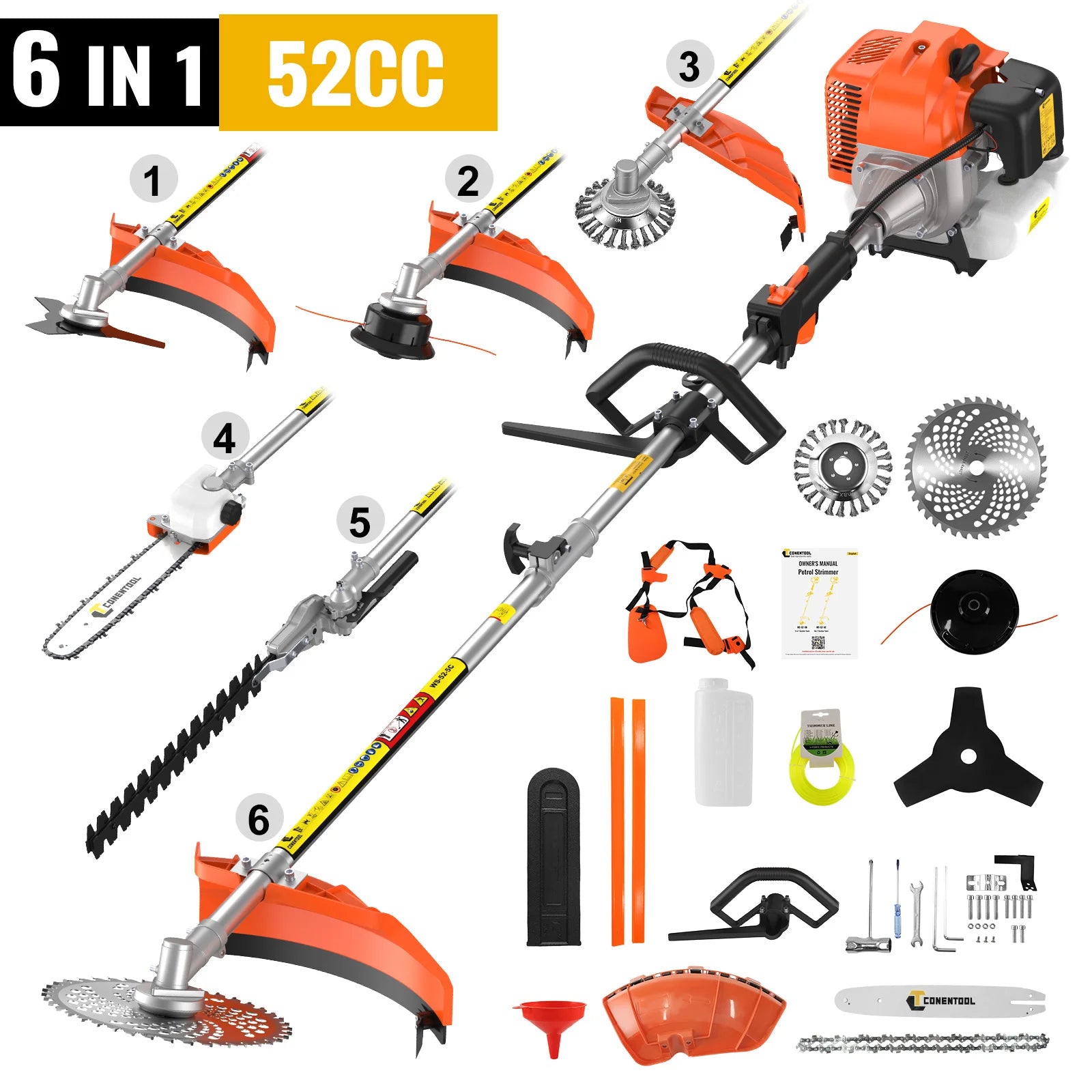 CONENTOOL 6in1 Petrol Brush Cutter 52cc 2 Stroke Gas Strimmer Multi-Functional Garden Grass Line Hedge Trimmer Tree Cutting Tool Main image