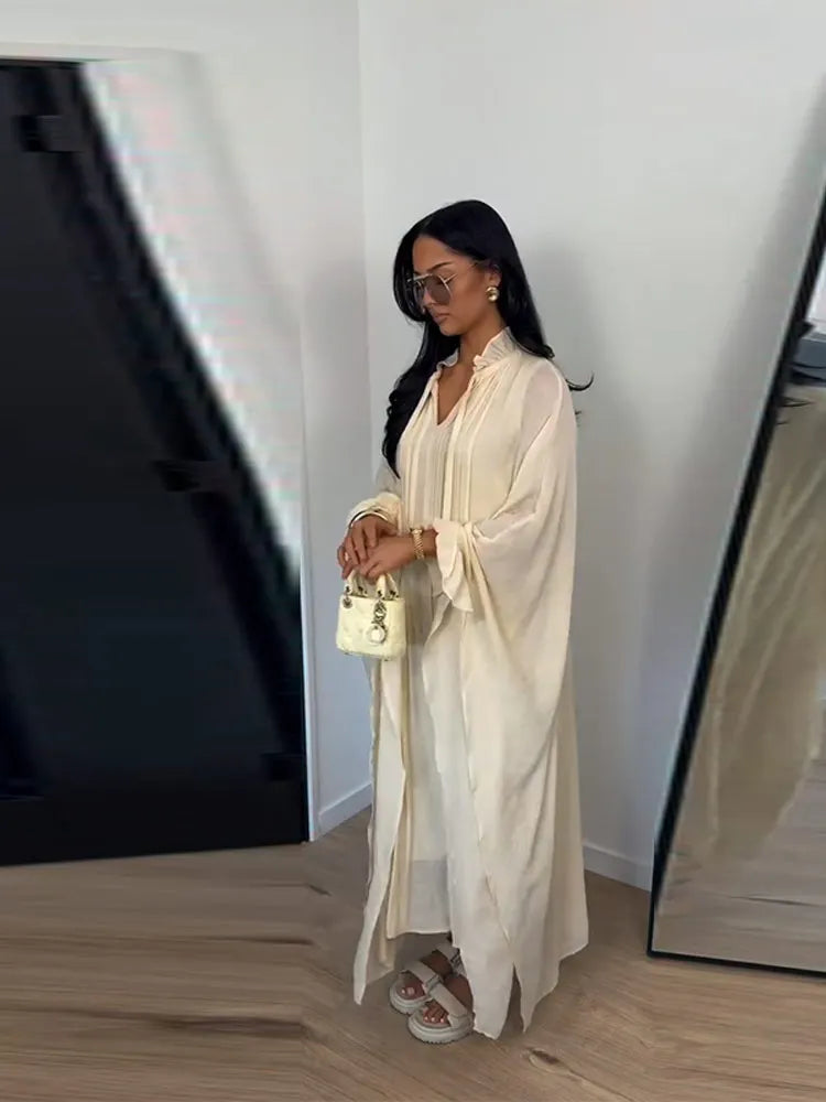 Maxi Dress Women's Dresses Batwing Sleeve Beige Ruffle Tie Neck Pleated Oversized Woman Clothes Casual Wear Summer Outfit