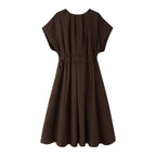 KONDALA 2026 Spring Summer Vintage Women Dress Fashion Single Breasted Sashes Draped V Neck Sleeveless Chic Brown Ladies Dresses