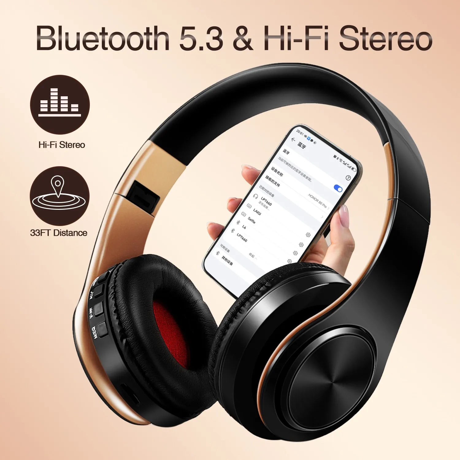Men Gift Gold Wireless Headphones Bluetooth Earphone Stereo Headset Game with Build-in MIC with Universal for Android and iOS Main image