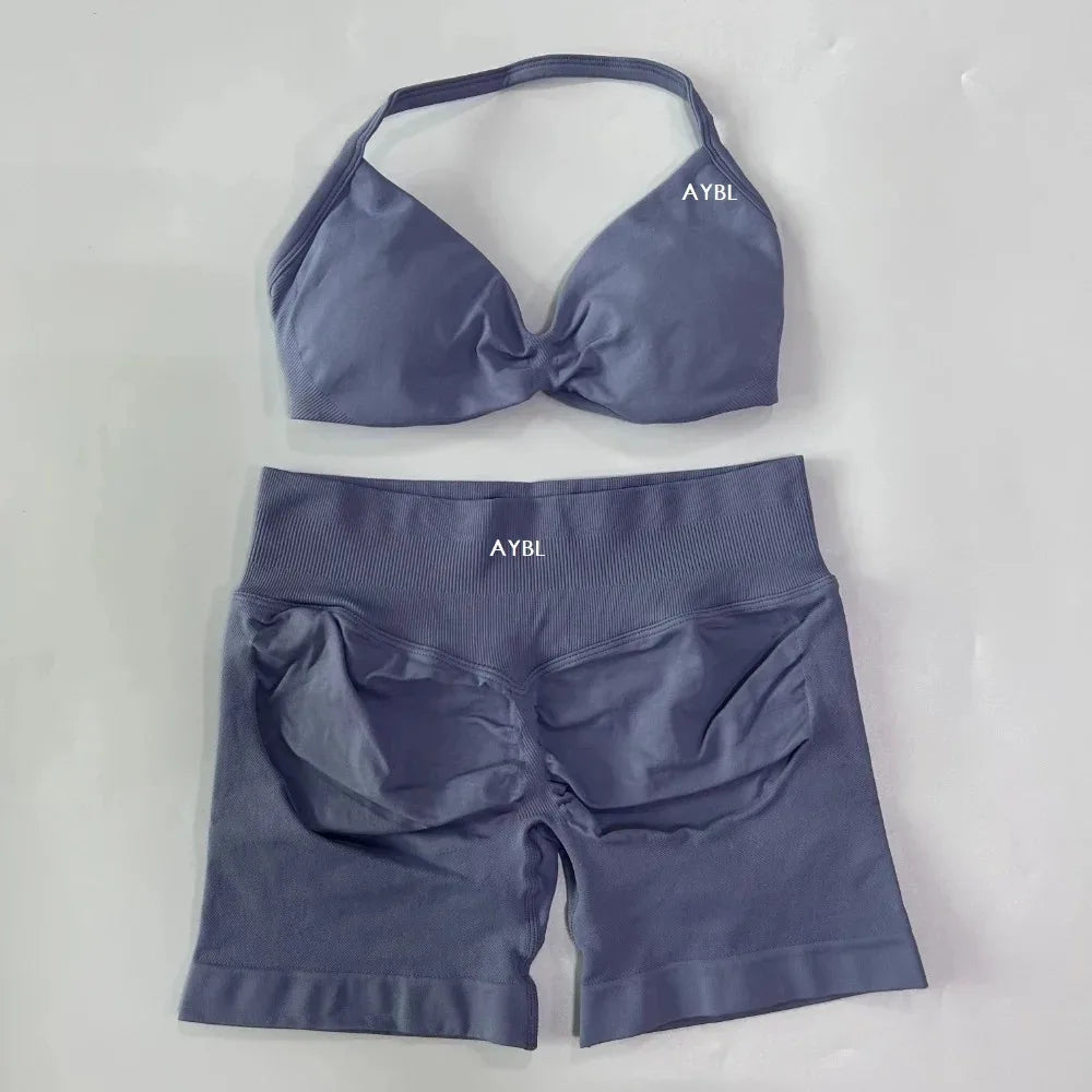AYBL 2PCS Yoga Set Gym Set Women Strappy Yoga Bra Top High Waist Workout Scrunch Shorts Sports Suit Seamless Yoga Set Fitness