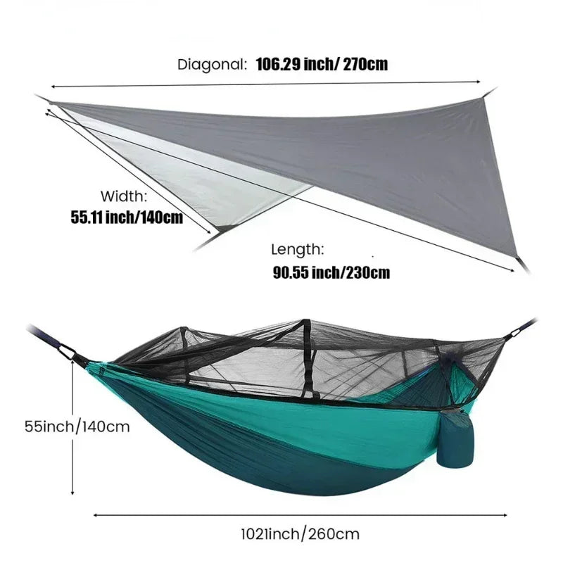 260x140cm Camping Hammock Double Size Parachute with Mosquito Net Rain Fly Tarp Lightweight for Hiking Travel