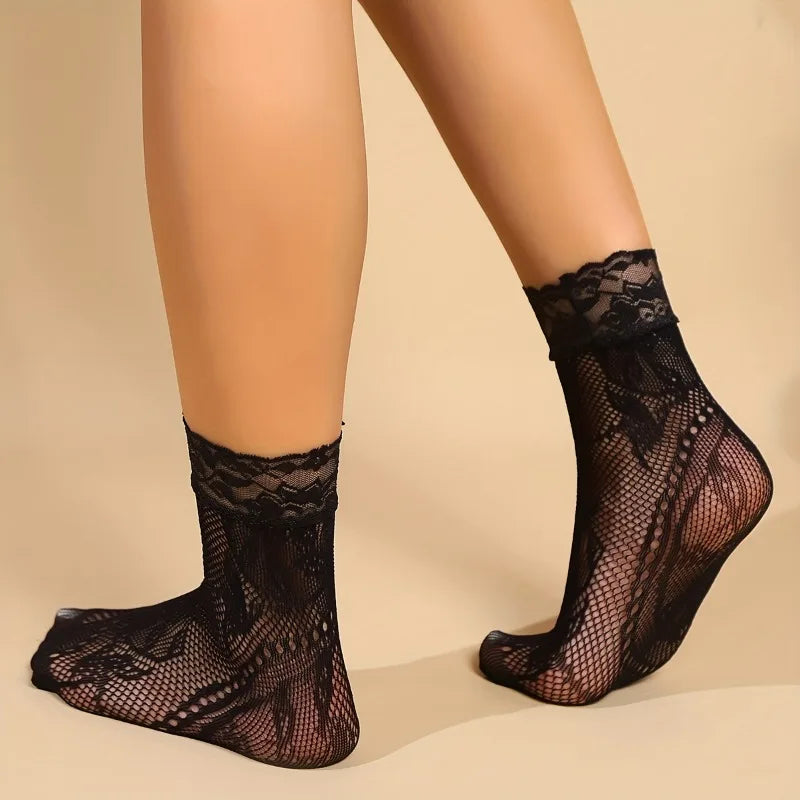 5 Pairs Floral Lace Socks Thin Breathable Short Socks Summer Mesh Lolita Fishing Net Women's Stockings Hosiery