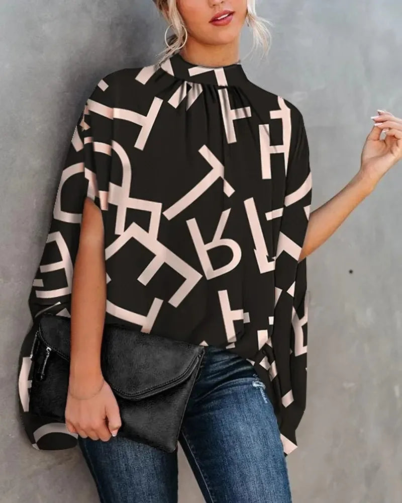 Casual Loose Women's Blouse Fashion Batwing Sleeve Print O-neck Shirts Top Spring Summer Office Lady Blouses Elegant Tops 2024