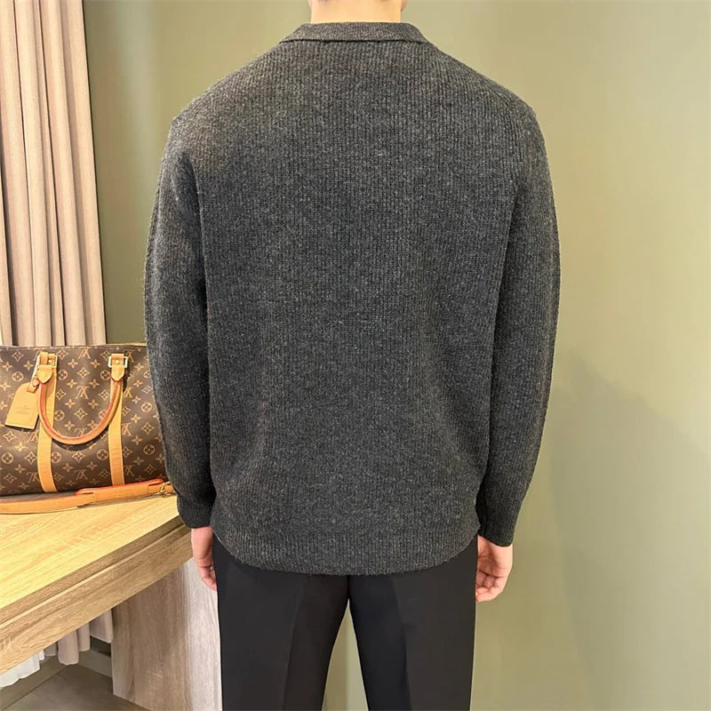 Winter Men's Solid Color Polo Neck Knitted Sweaters Casual Retro Warm Pullovers Knitwear Elegant Y2K Streetwear Jersey Hombre