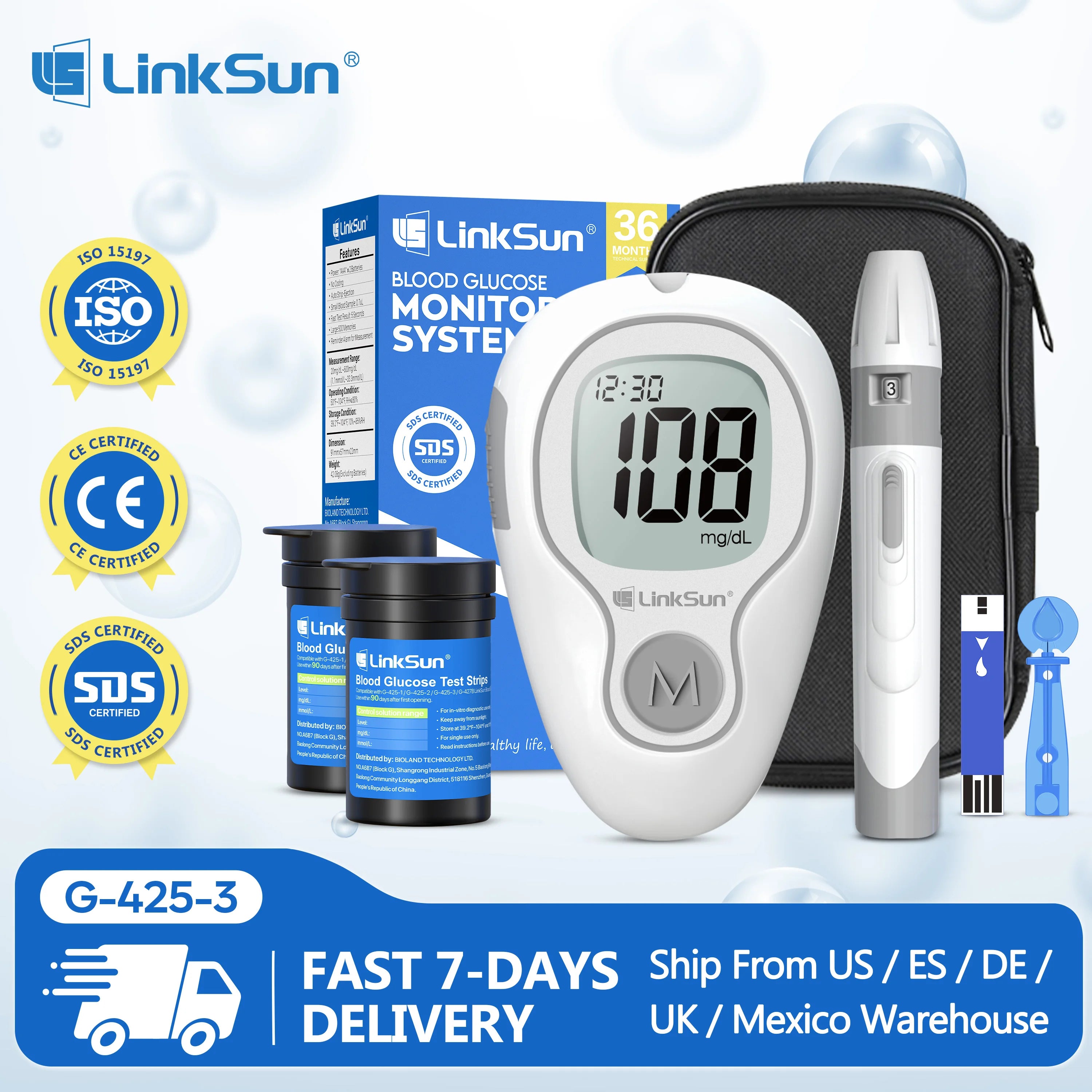 LinkSun Blood Glucose Meter G-425-3 Glucometer No Code for Diabetes Test 10/50/100pcs Strips Lancets Medical Blood Sugar mg/mmol