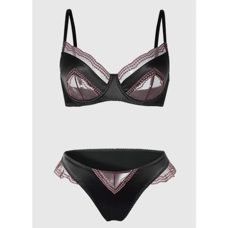 Sexy French Satin Lace Lingerie Set for Large Bust Ladies, Sheer Slim Chest, Summer Ultra-thin Small-cup Support Bra Set, S-XL